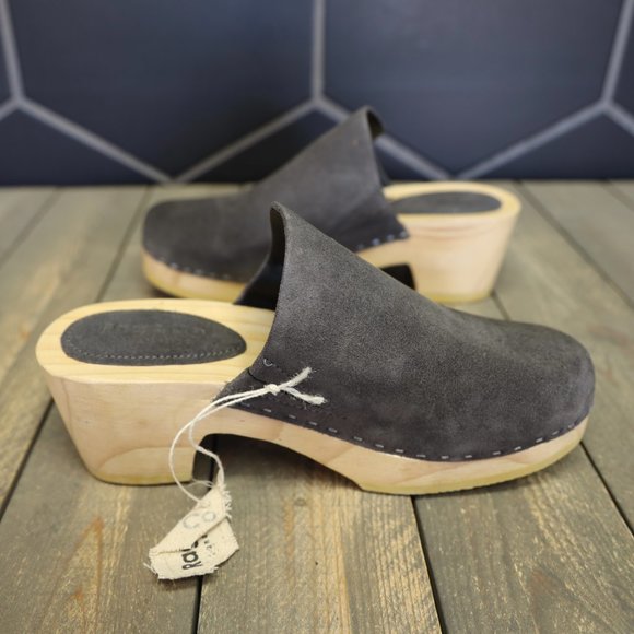 Womens Rag & Co Darcie Grey Suede Wooden Clogs Handmade Mule Lotta Swedish Shoe - Picture 4 of 8
